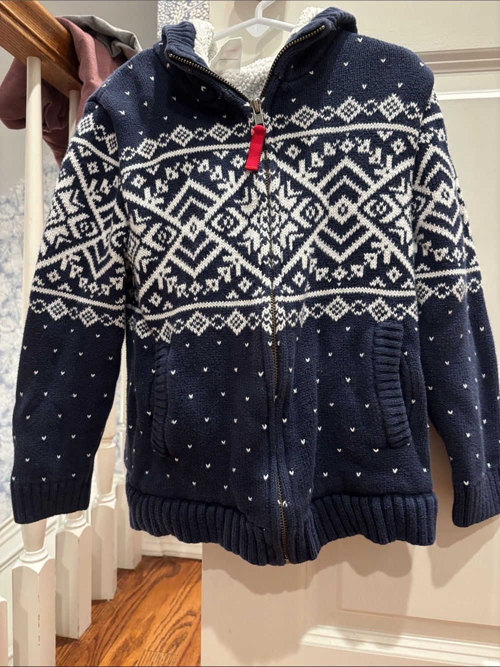 EUC Hanna Andersson Navy and White Fair Isle Zip Sherpa Hoodie